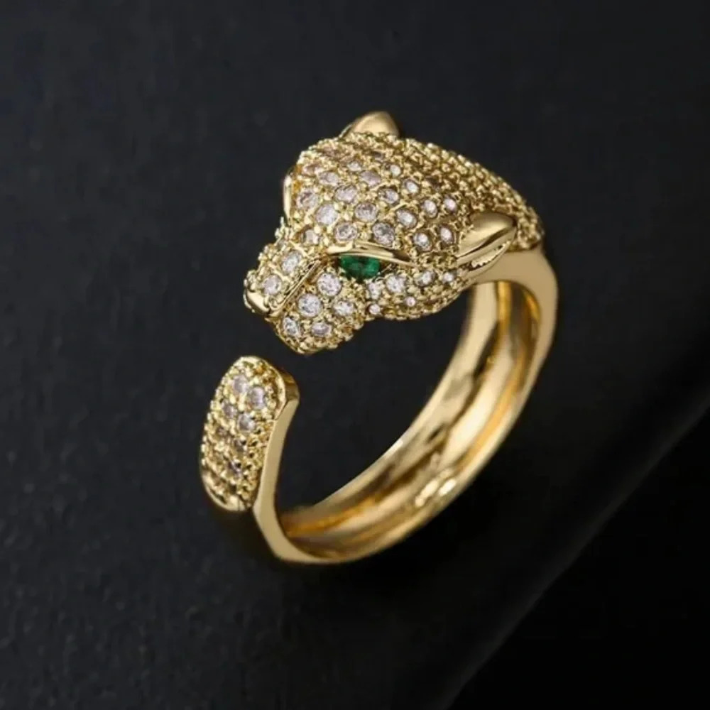 Anthropologie Gold Panther Ring with Green Accents